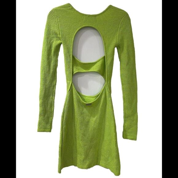 SER.O.YA Women’s Knit Bodycon Cut Out Mini Dress Small Green Long Sleeve Holiday - Picture 3 of 8